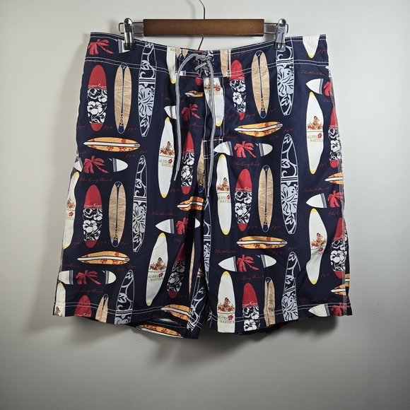 Nautica Blue and Red Swim Trunks with Surfboard Design - Picture 1 of 6